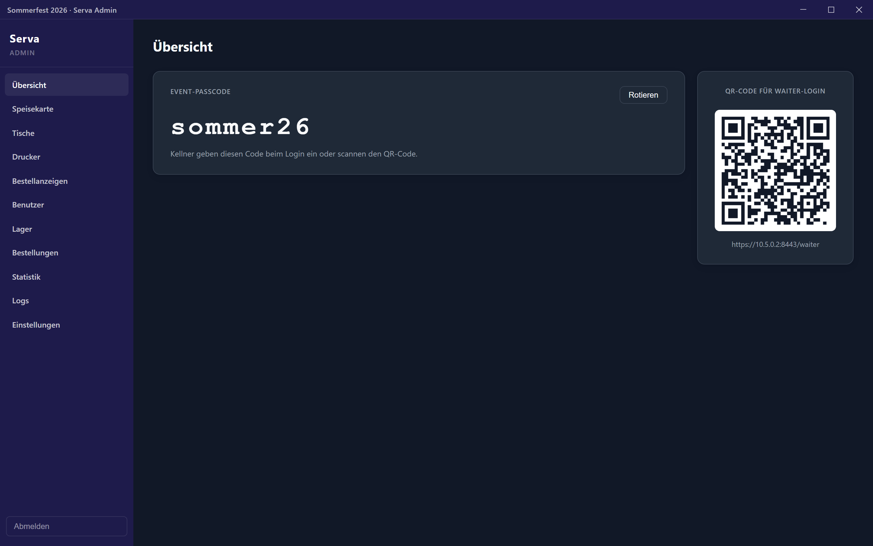 BstöMa Admin: Event-Übersicht mit QR-Code für den Kellner-Login